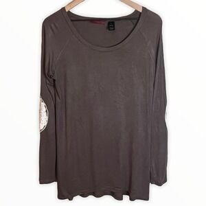 BKE Red Womens Small Top Charcoal Brown Crochet Lace Elbow Patch Long Sleeve